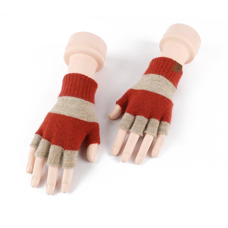 Winter Ladies Fashion Knitted Warm Flip Half Finger Gloves Adult Cute Striped Office Gloves Women