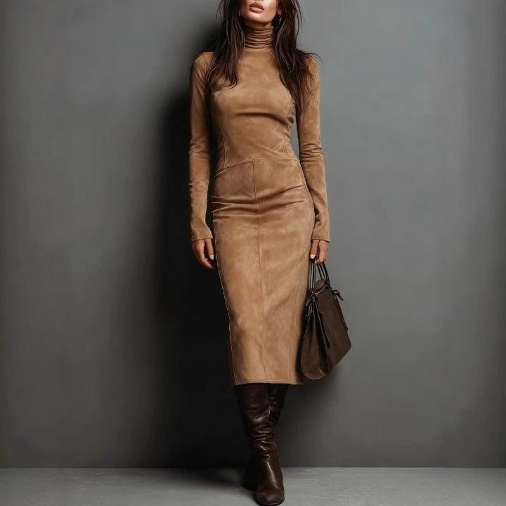 New Autumn Models, European and American Retro, Turtleneck Long Dress, Solid Color Waist Bottom Long-sleeved Dress