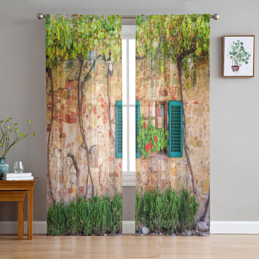 Garden Italian Arch Architectural Flowers Street Tulle Curtains for Living Room Chiffon Sheer Voile Kitchen Bedroom Curtain