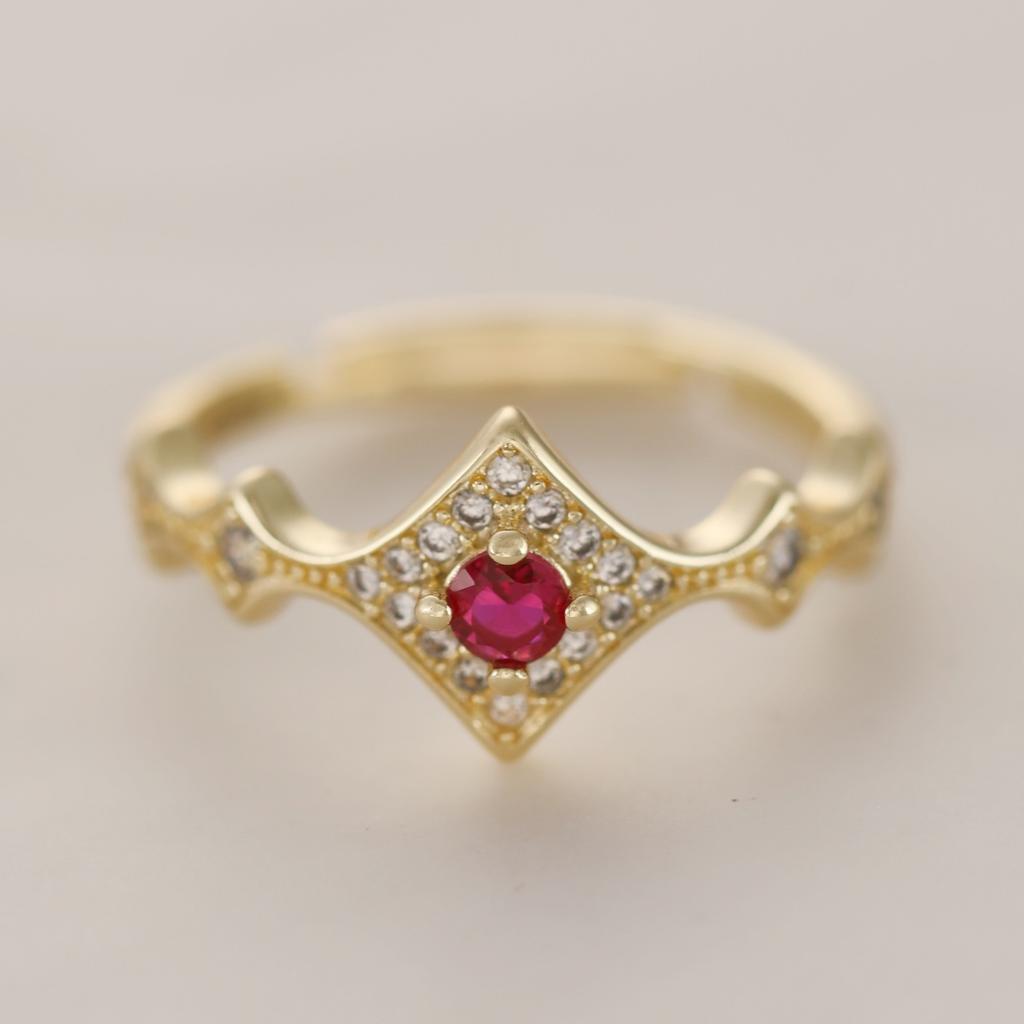 Bohemia 18K Gold Plated Open Brass Ring for Women Retro Sexy Red Cubic Zirconia Light Luxury Rhombus Dense Inlay Transparent CZ Daily Wear Jewelry