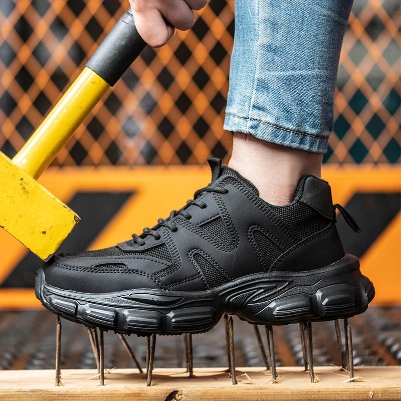 Steel Toe Work Shoes Lightweight Bretahble Work Sneakers Men Safety Shoes Puncture-Proof Indestructible Construction Shoes Black