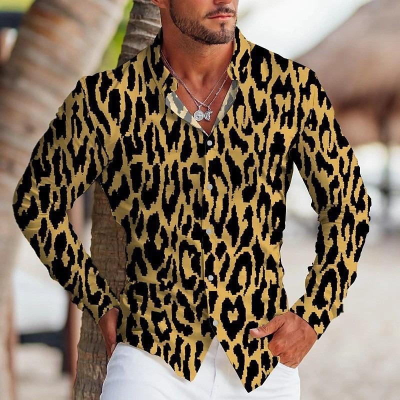 Herren Langes Lila Leopardenmuster Sommer Hemd Lässig Party