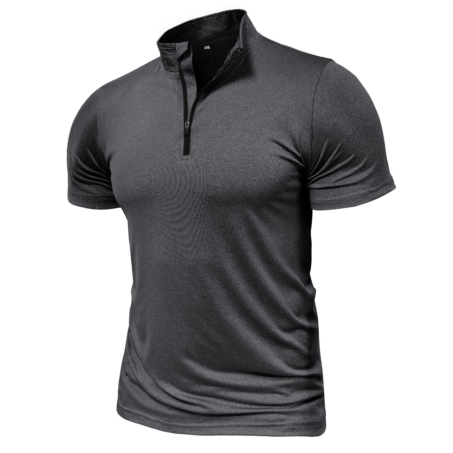 

Мужская спортивная футболка Быстросохнущая рубашка с короткими рукавами Однотонные рубашки с воротником-стойкой Пуловеры на молнии Весна-лето Одежда для фитнеса Рубашки высокой эластичности XXL чёрный