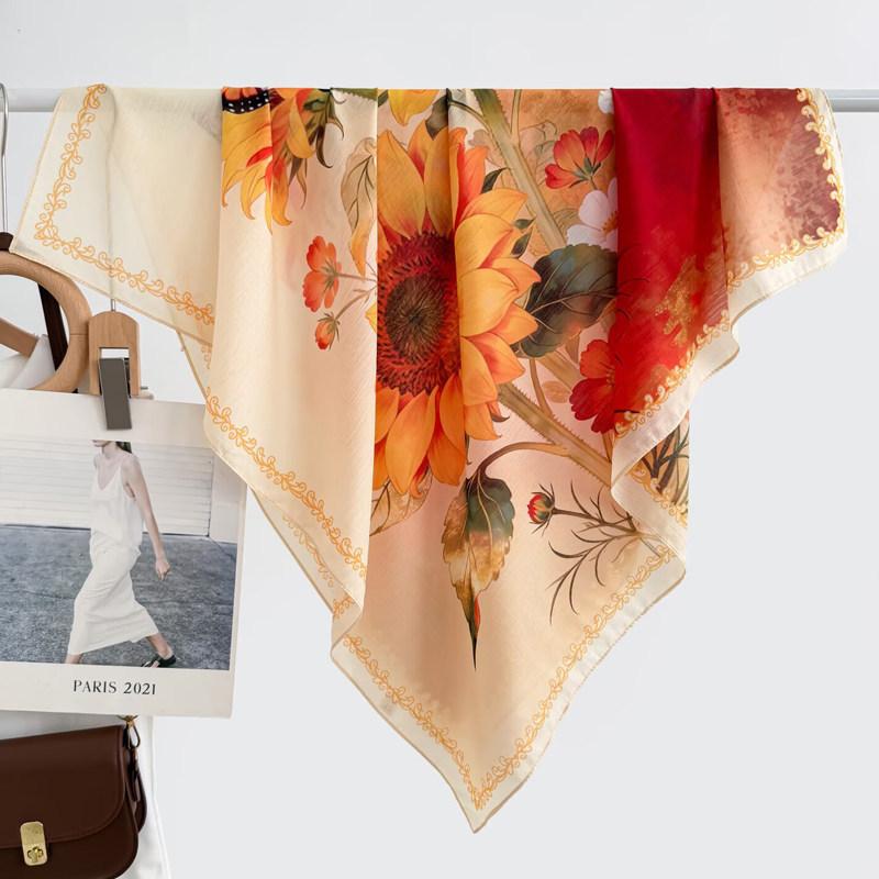 Atmosphere Blue Cashew Flower Silk Scarf 91 Series Neck Large Square Scarf Women's Scarf Seaside Baotou Scarf Sunscreen Shawl