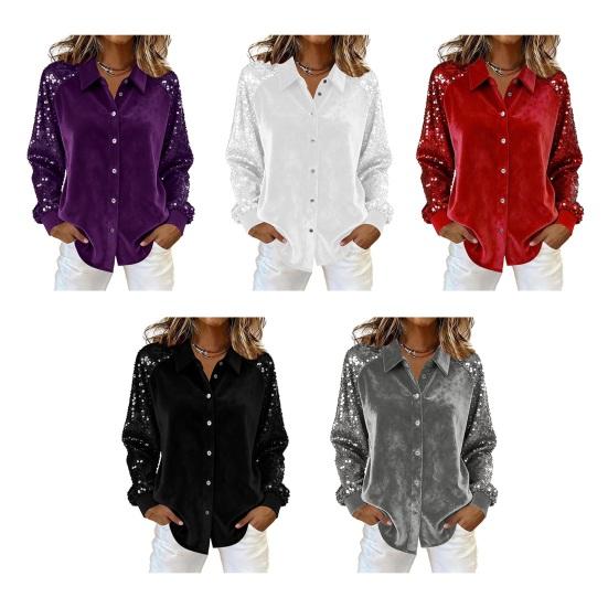 Damen Pailletten Samt Hemd Langarm Revers Bluse Lässig Glitzernd Knopfleiste Hemd für Party Date Bar Nachtclub