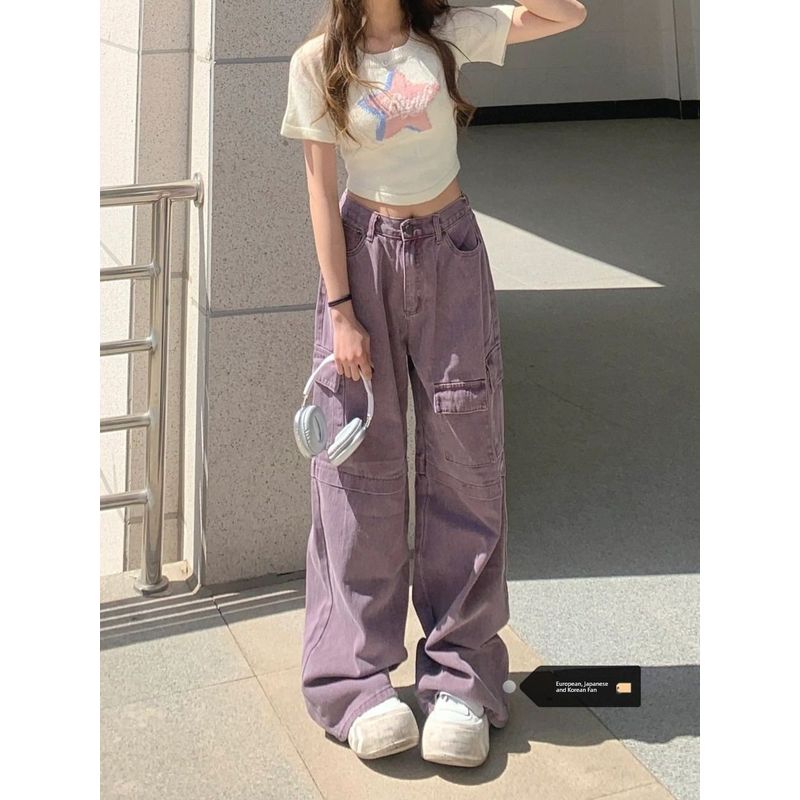 

Американские ретро джинсы карго больших размеров женские весенне-летние сексуальные с высокой талией свободные широкие брюки брюки-швабры тренд Purple 4XL [Suggested 87.50 kg-100.00 kg]]