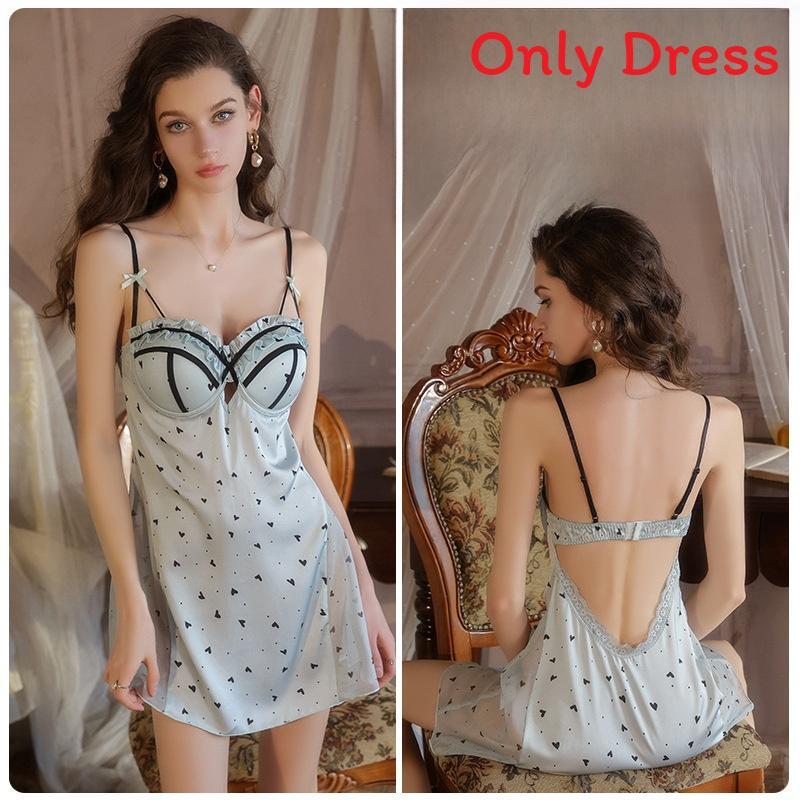 Satin Nightgown With Deep V Neck And Bust Enhancer For Women Home Sleepwear