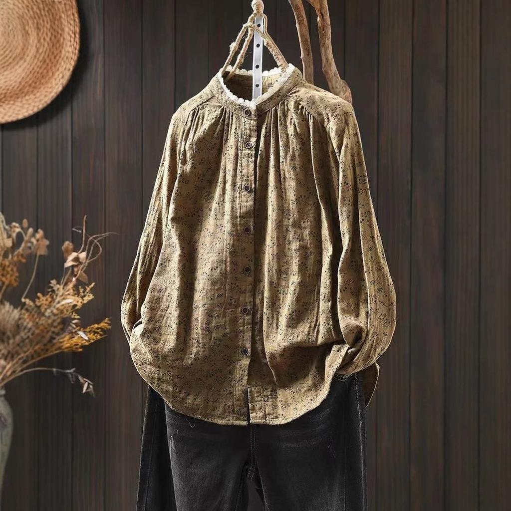 Women Long Sleeve Cotton Shirt Arrival Autumn Vintage Style Lace Stand Collar Loose Female Casual Shirts