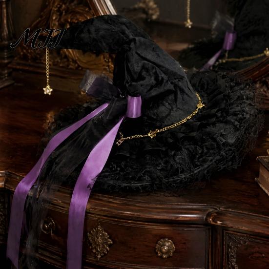Durable Witch Hat for Party Women, Halloween Lace Wizard with Ribbon Bow, Black Decorations Home Mesh Veil Costume Accessory Adults, Fancy Dress,