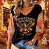 Women's V-Neck Halloween Printed Three-Quarter Sleeve Casual Blouse for Fall Festive Occasions