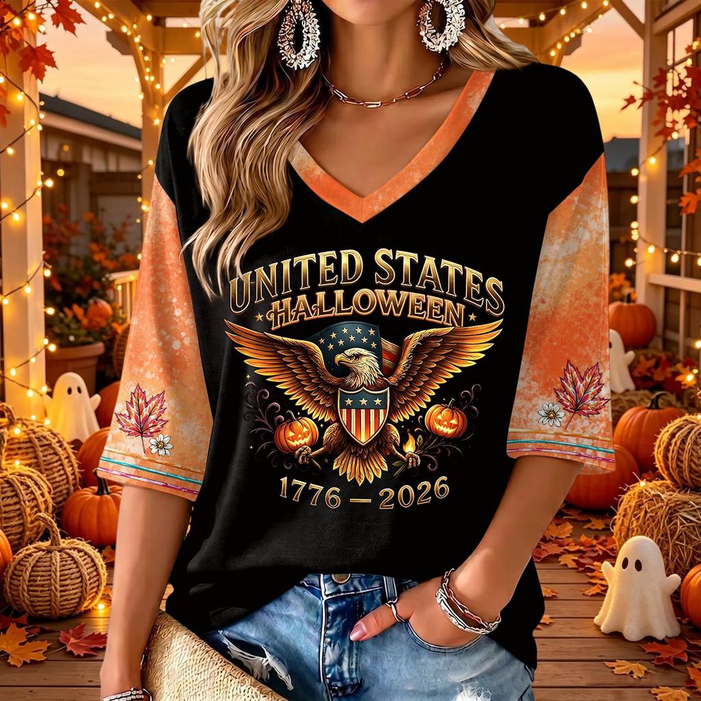 Women's V-Neck Halloween Printed Three-Quarter Sleeve Casual Blouse for Fall Festive Occasions