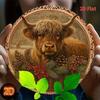 Funny Cow Metal Wall Art - Highland Cow Decor Round Farmhouse Sign, Brown Green Nature Inspired