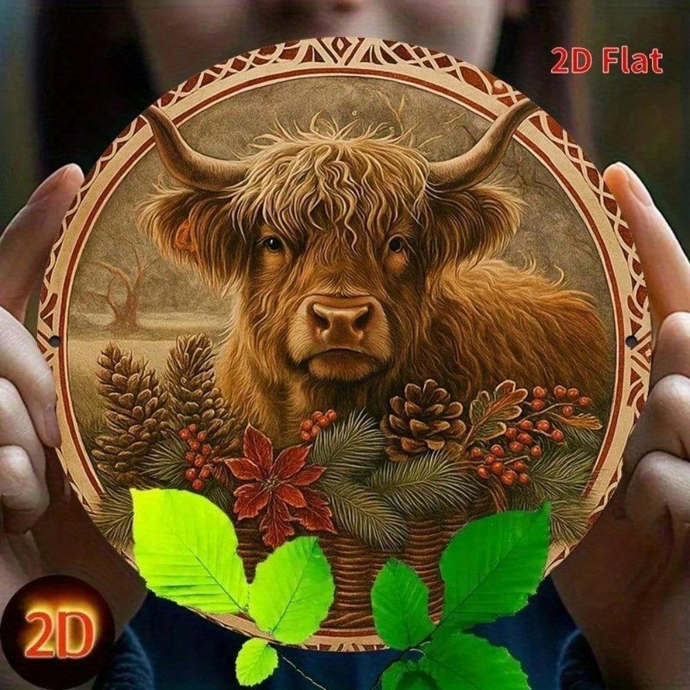 Funny Cow Metal Wall Art - Highland Cow Decor Round Farmhouse Sign, Brown Green Nature Inspired