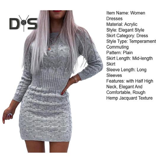Chic Knit Sweater Dress with Half High Neck Elegant And Comfortable Rough Hemp Jacquard Texture Dress
