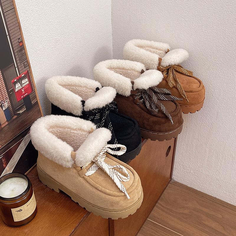 Women's Thick Soled Plus Size Thickened Winter Warm Lace-up Fur One Snow Boots Padded Lining Ankle Boots Non-slip Hiking Sports Cotton Boots