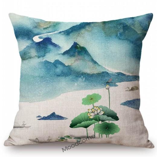 Traditional Chinese Ink Oil Painting Mountain Scenery Cotton Linen Sofa Throw Pillow Case Home Decoration Car Cushion Cover Case
