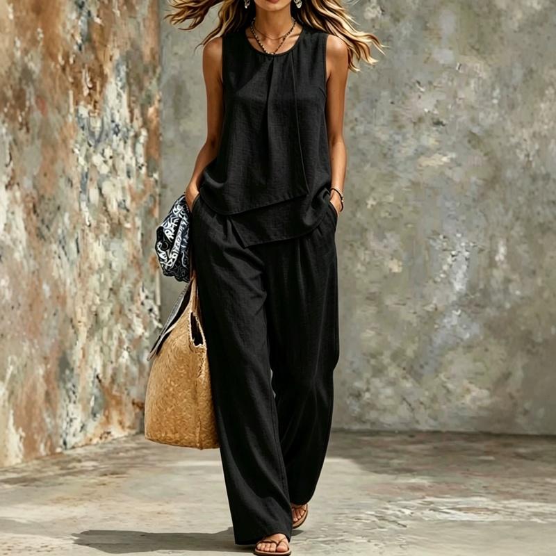 Women's Sleeveless Asymmetrical Top and Wide Leg Pants Two Piece Loose Casual Set