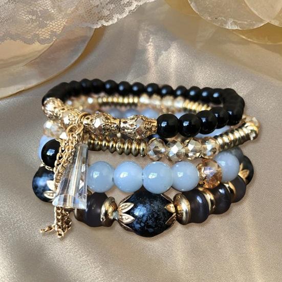 4Pcs Women Bracelets Faux Crystal Smooth Multi Pendant Jewelry Retro Bohemian Style with Elastic Cord Multi-layered Stackable Bracelet Set