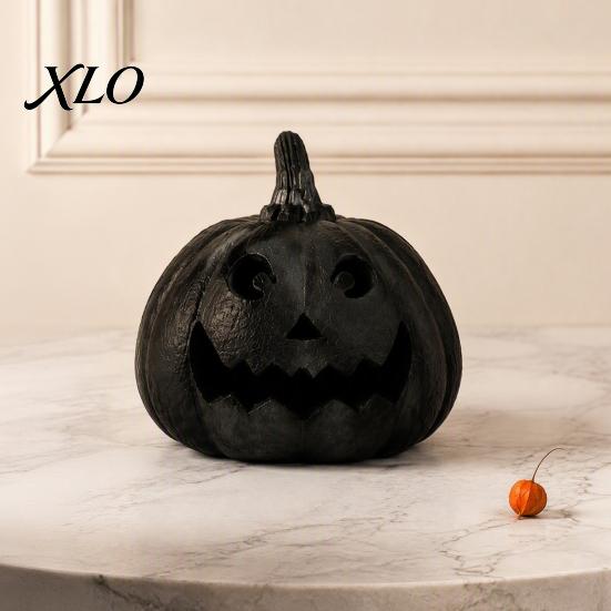 Durable Seasonal Table Centerpiece Halloween Pumpkin Figurine, Black Resin Spooky Face Sculpture, Reusable Decor Gothic Tabletop for Home Mantel
