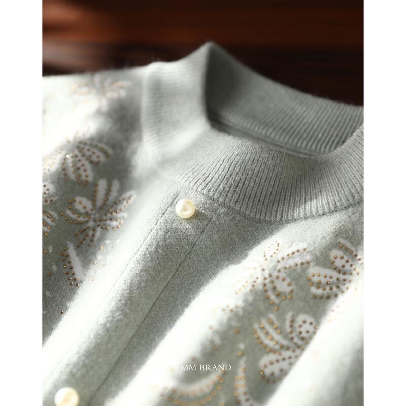 Elegant Rhinestone Embellished Knit Cardigan for Mature Women