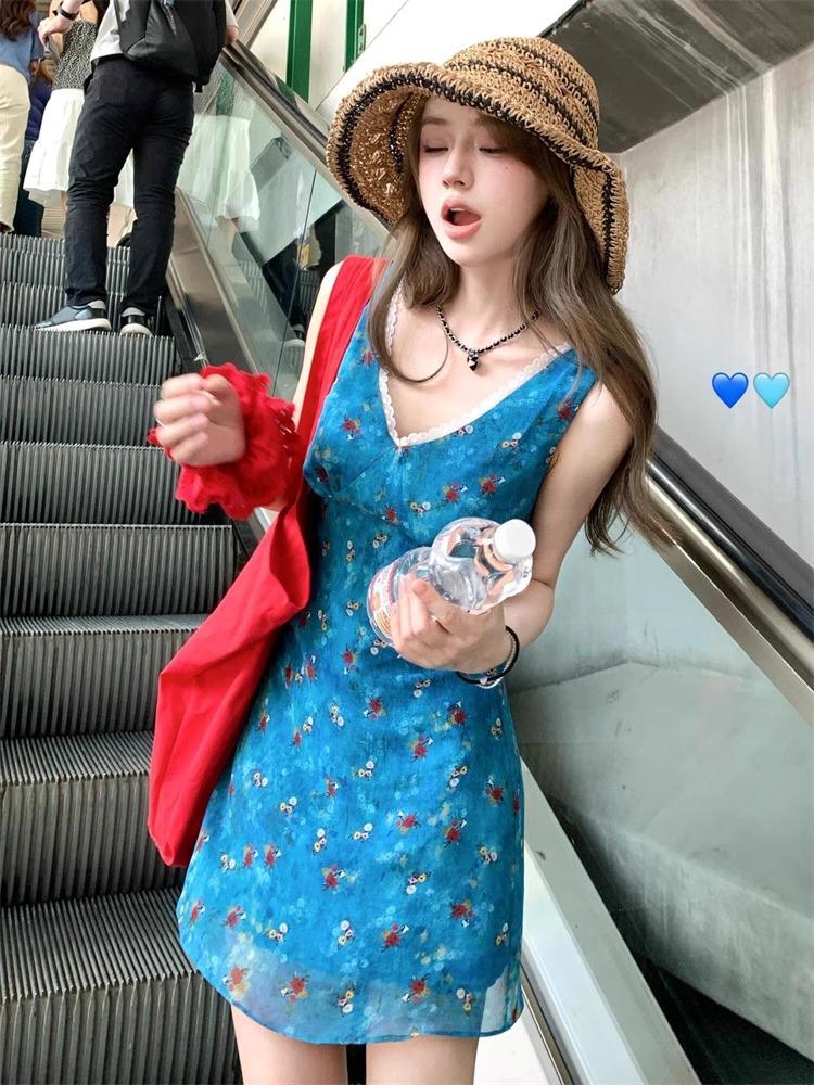 Small French Blue Floral Dress Children's Summer New Temperament Beautiful Seaside Holiday Skirt