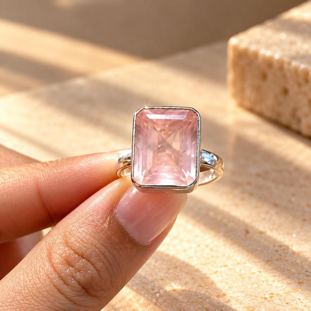 Rose Quartz Emerald Cut Ring, 925 Sterling Silver Statement Ring, Minimalist Pink Gemstone Ring, Gift for Her