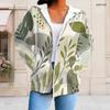 Women Plus Size Zip Up Drawstring Hoodie Tropical Leaf Printed Long Sleeve Sweatshirt With Pockets