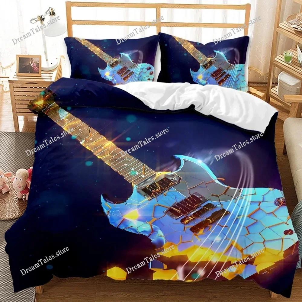 İkiz Boy Rock Müzik Yorgan Kılıfı Seti Hip Hop Hippie Yorgan Kılıfı Mavi Gitar Polyester Yatak Takımı Gençler İçin