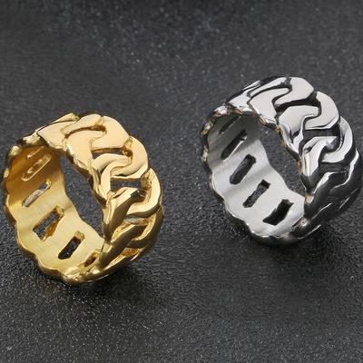 Luxury Gold Color 12MM Width Cuban Chain Style Men's Rings for Man 316L Stainless Steel Wedding Band Ring Party Jewelry Gifts
