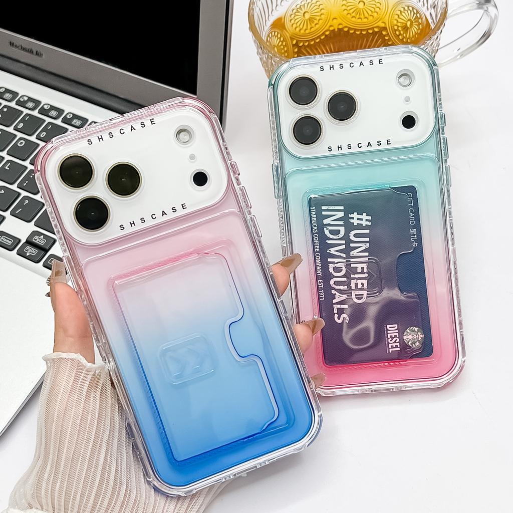For iPhone 17 Pro Case Card Holder Gradient Color PC+TPU Anti Drop Phone Back Cover with Lens Film