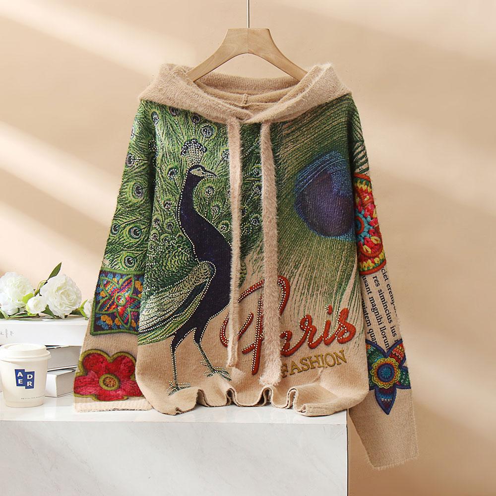 DIMANAF 2023 Plus Größe Winter Pullover Herbst Oversize Frauen Muster Druck Pullover Pullover Volle Hülse Hut Stricken Lose Pullover