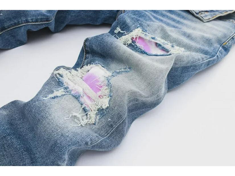 Men's Light Blue Ripped Patch Slim Fit Jeans - Hip Hop Style, Slightly Elastic, European & American High-Street Fashion