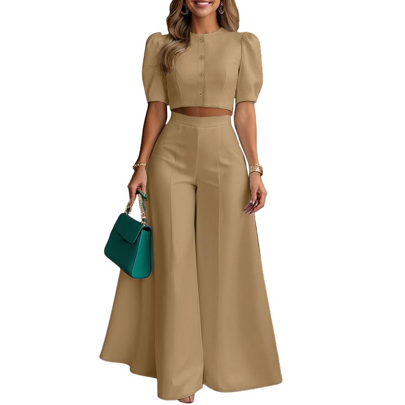 

ZANZEA Women Short Sleeve Blouse and Wide Leg Pants Summer Two Piece Suit Sets S хакі