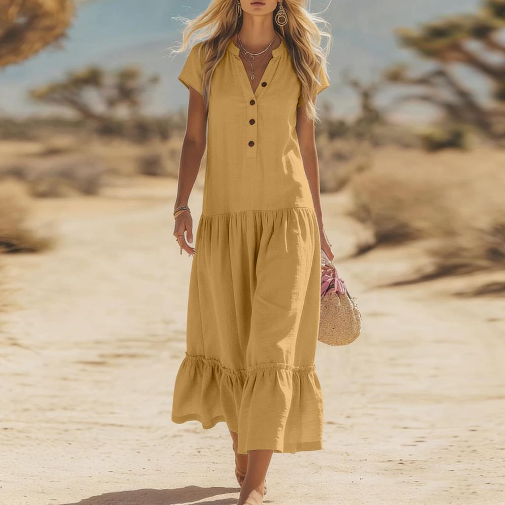 Women Casual Button V Neck Short Sleeve Maxi Dress with Ruffle Hem Relaxed Fit Lightweight Summer Dress