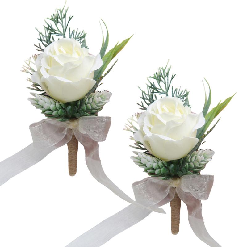 2pcs Artificial Waterproof Flowers Green Plants Corsage Bride Groom Bridesmaid Group Wedding
