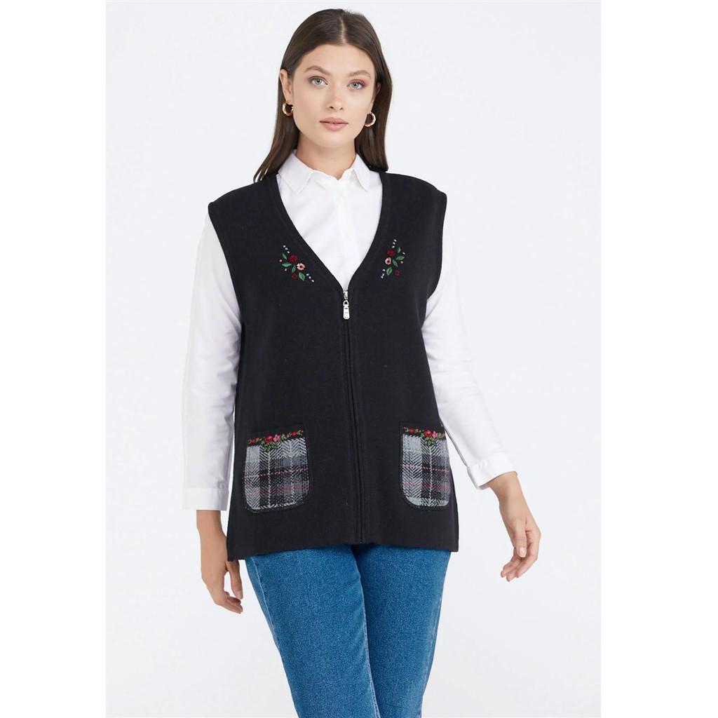 

Sementa Embroidery Detailed Pocket Zippered Wool Knitwear Women s Vest M чорний