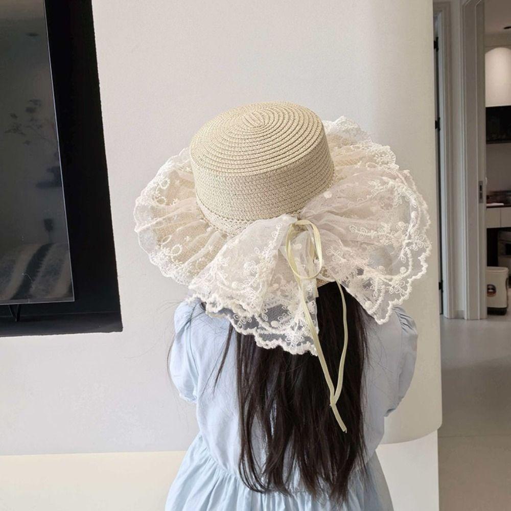 Fisherman Cap Lace Bow Sun Hat Adjustable Breathable Straw Beach Hat Lace Ruffle Wide Brim Hat Summer Beach