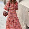 Autumn Bohemian Women Dress Geometric Print Ruffles Long Dress with Large Hem for Beach