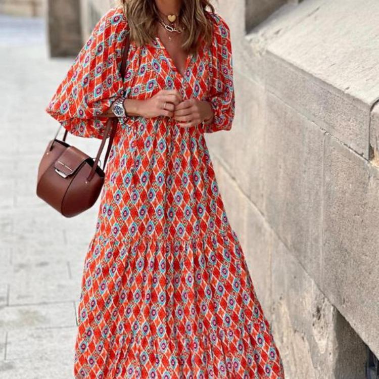 Autumn Bohemian Women Dress Geometric Print Ruffles Long Dress with Large Hem for Beach