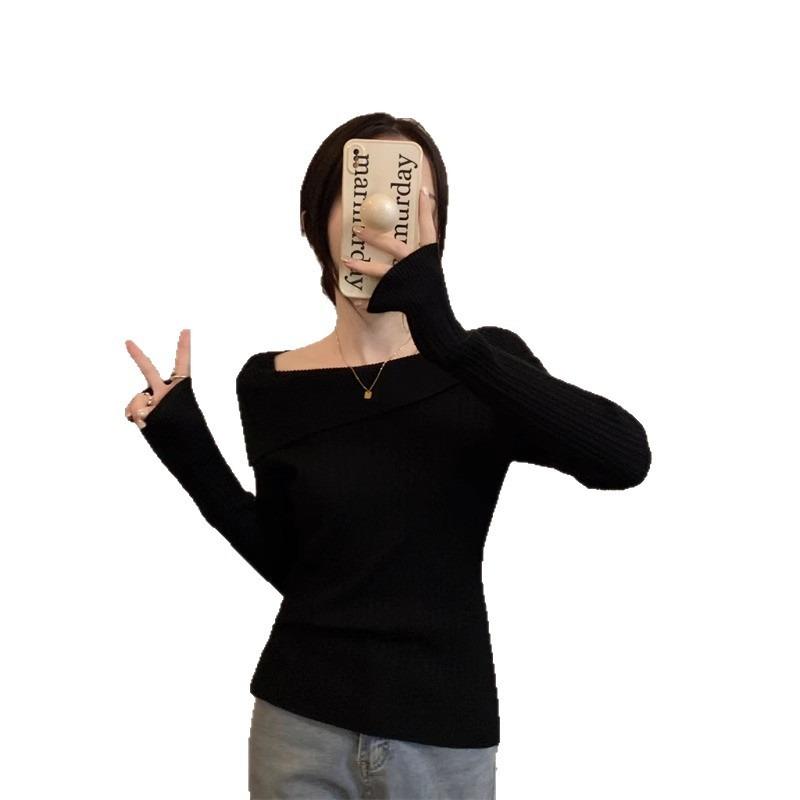 One-word Shoulder Sweater High-end Knitted Bottoming Shirt for Women's Autumn and Winter with High Waist Off-the-shoulder Long-sleeved Autumn Top