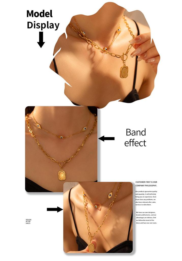 18K Gold-Plated Titanium Steel Eye of the Devil Portrait Square Pendant Double Layer Necklace for Women