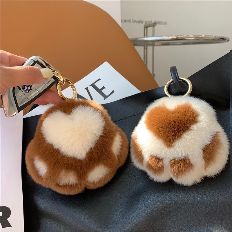 Kitten Paw Rex Rabbit Fur Keyring Pendant - Cute Plush Ball Bag Charm Birthday Gift