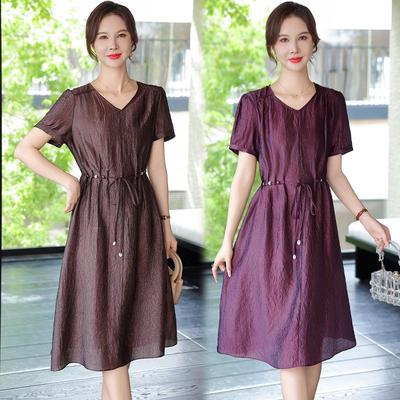 Youthful Summer Dress 2026: Elegant Waist-Cinched Solid Color Short-Sleeved Skirt for Middle-Aged & Elderly Women