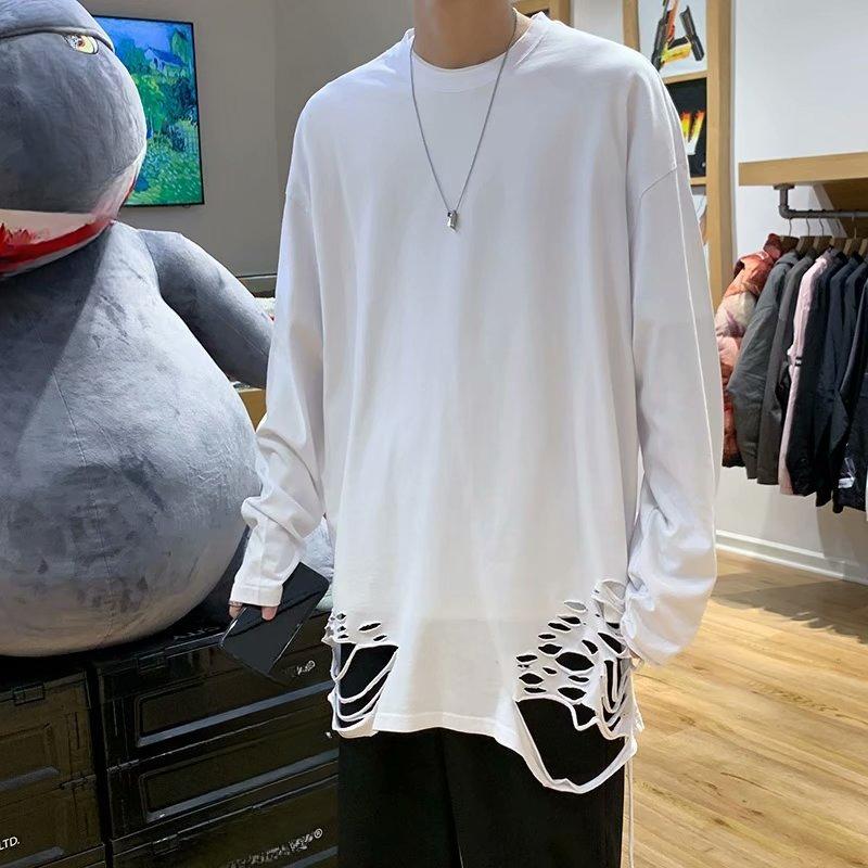 spring autumn oversized t-shirt for men harajuku solid hole T Shirt men's Pullover t-shirts long sleeve y2k Tops hip hop streetwear