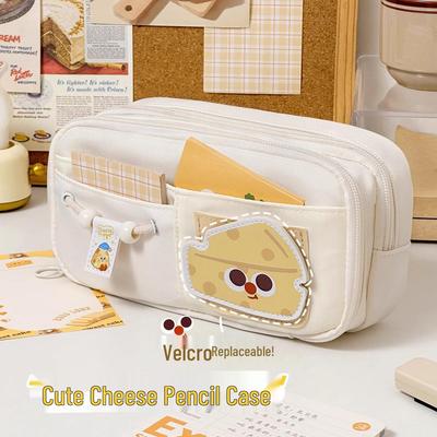 Large Capacity Cute Cartoon Cheese Pencil Case with Velcro Closure for Primary Schoolers