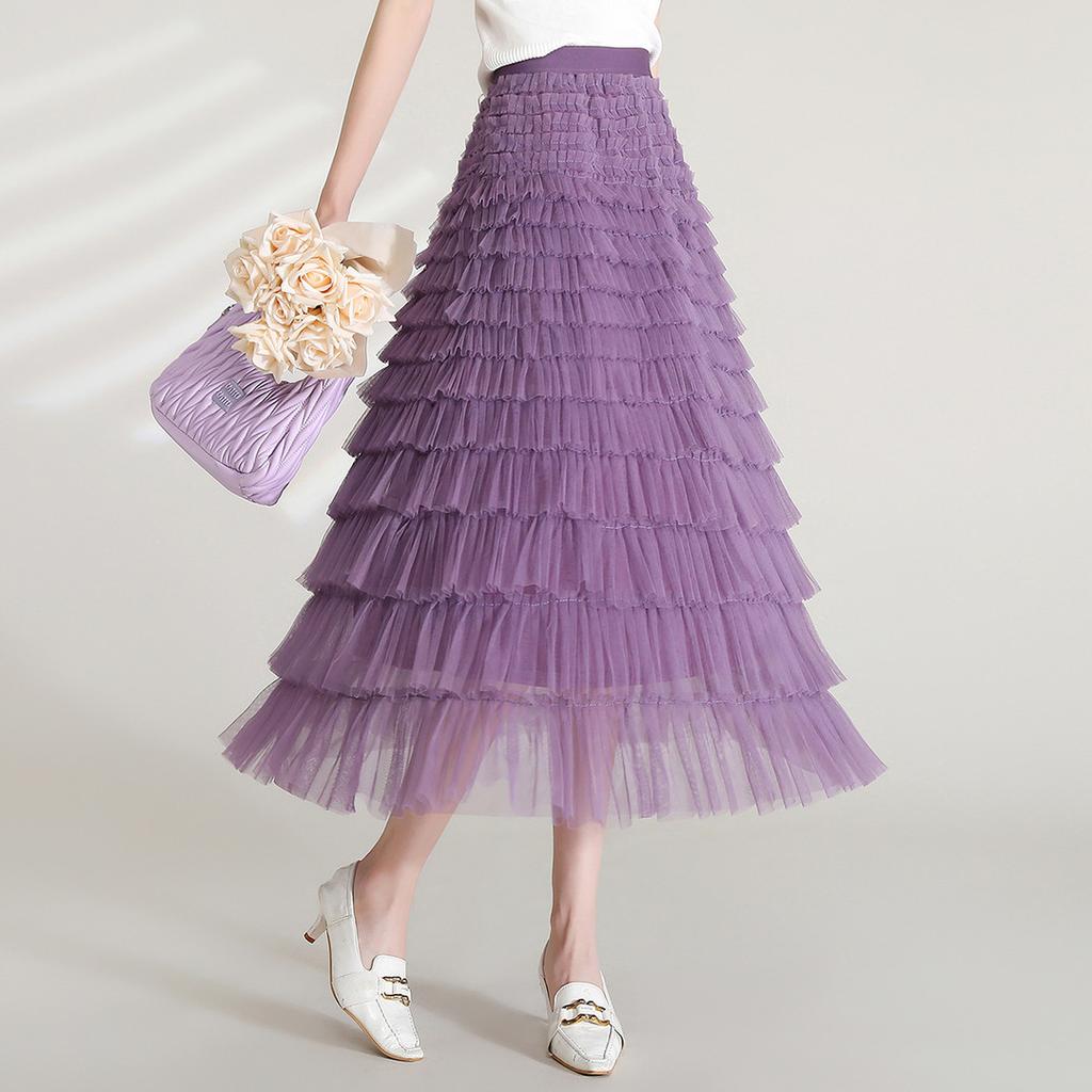 Pink skirt women's summer big pendulum mesh umbrella skirt vertical feeling medium and long A word women's vertical feeling long skirt high sense