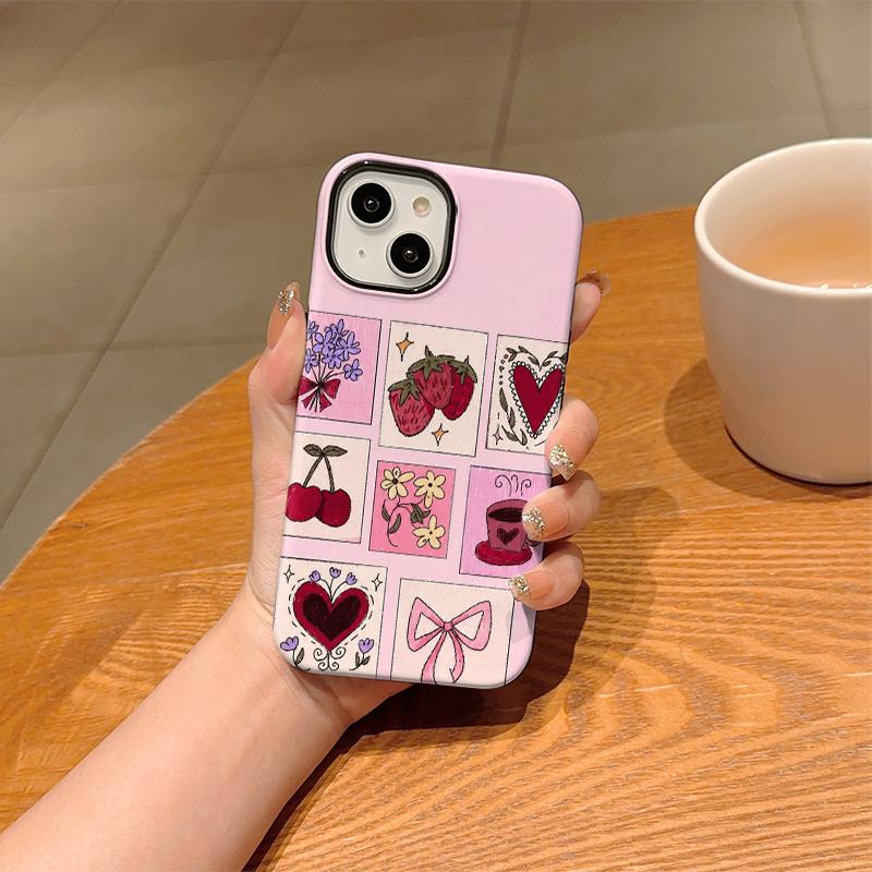 Pink Grid Collage Strawberry Cherry Heart Bow Floral Coffee Print Phone Case Coquette Cute Girly Vintage Shockproof Cover For All iphone Series
