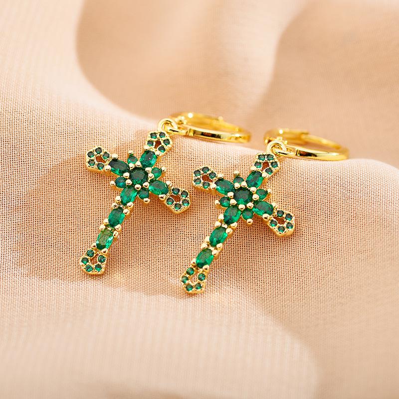 

European and American Fashion 18K Gold-Plated Cross Stud Earrings with Zirconia