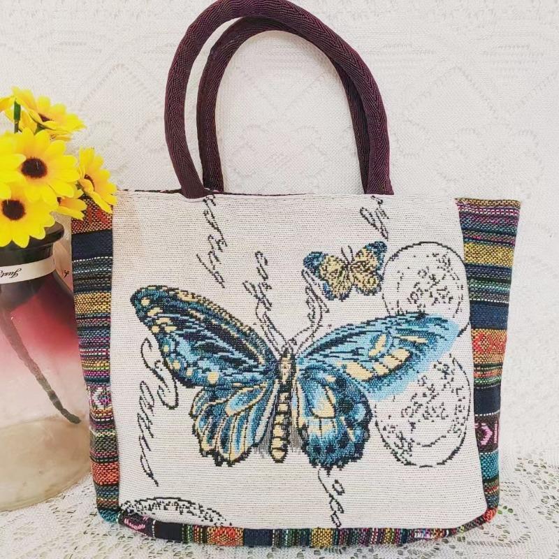 Canvas bag, women's large-capacity double-sided embroidered animal handbag, mommy bag, go shopping, handbag