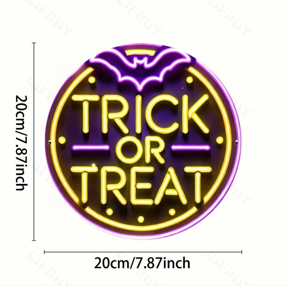 Halloween Trick or Treat Round Neon Metal Sign 8x8 Inch Aluminum Wall Art Home Office Decor Indoor Outdoor Bar Cafe